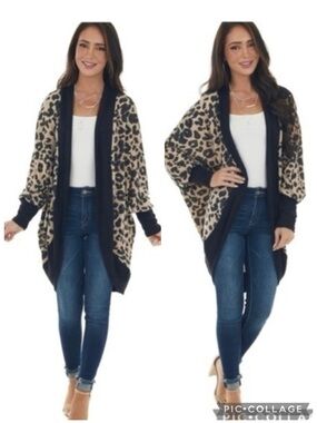 First Love Latte Cardigan Cocoon Animal Print Open Front NWOT M Knit Relaxed